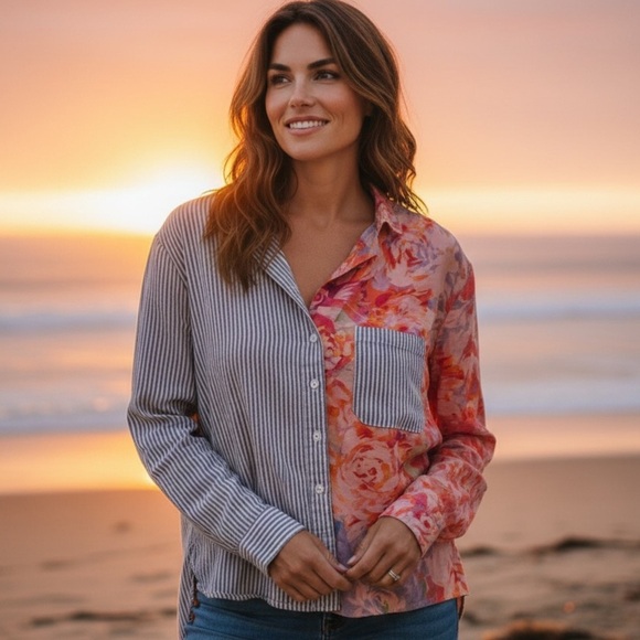 Maeve Tops - Maeve Pink Floral and Gray Striped Button Down Shirt